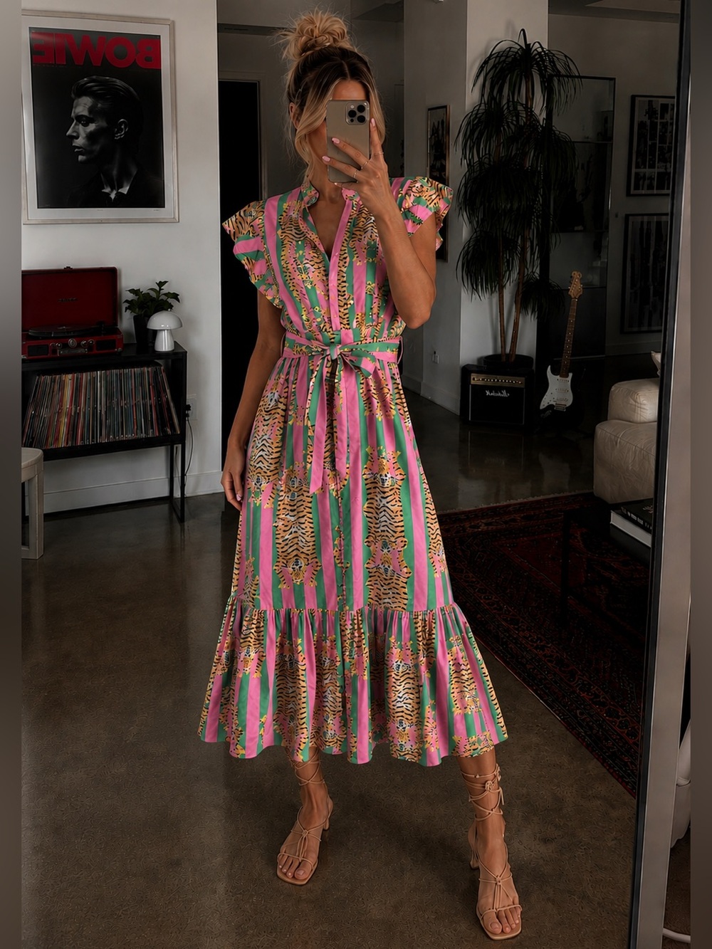 Darlington Isle Lola Tiger Printed Cotton Maxi Dress Pink Green Multi Large EUC